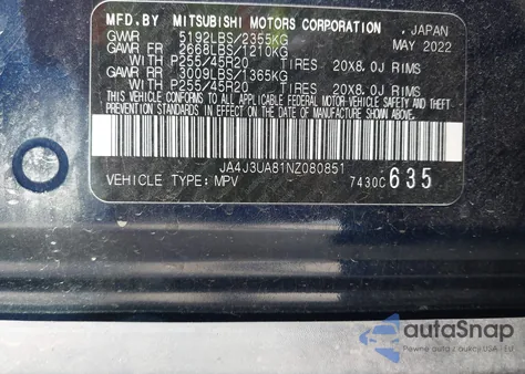 2022 Mitsubishi Outlander Black Edition 2Wd/Se 2.5 2Wd/Se Launch Edition 2Wd from USA, damaged, VIN JA4J3UA81NZ080851